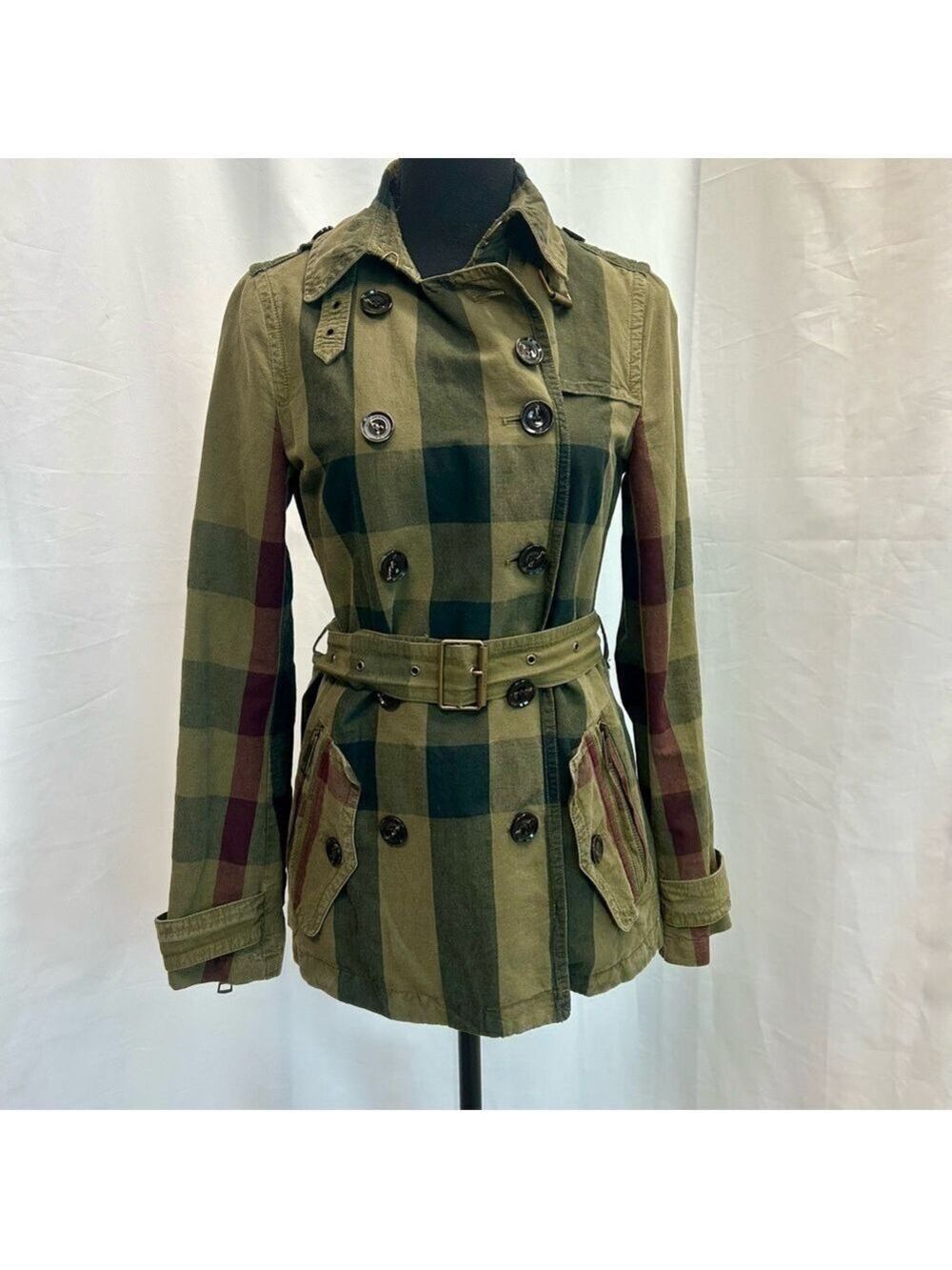 Burberry Brit Check Trench Coat Jacket double breasted Short Linen green belted
